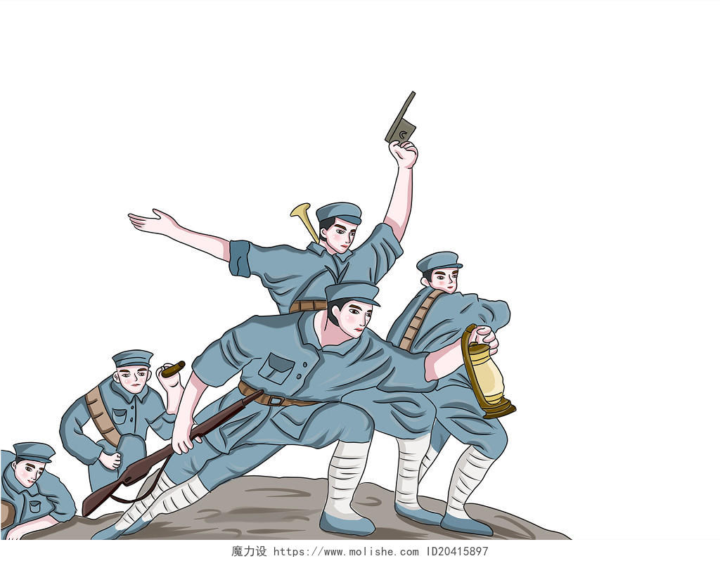抗日战争胜利日蓝色简约手绘卡通军人人物PNG素材